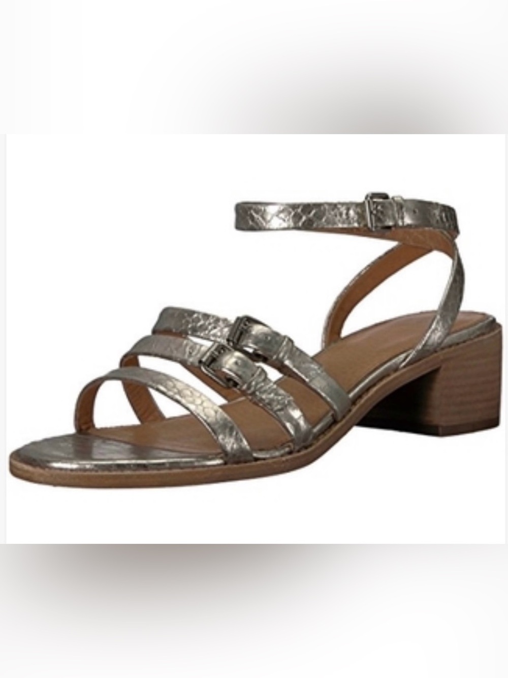 Frye Cindy Buckle Metallic Silver Leather Chunky Block Heel Sandals Size 9